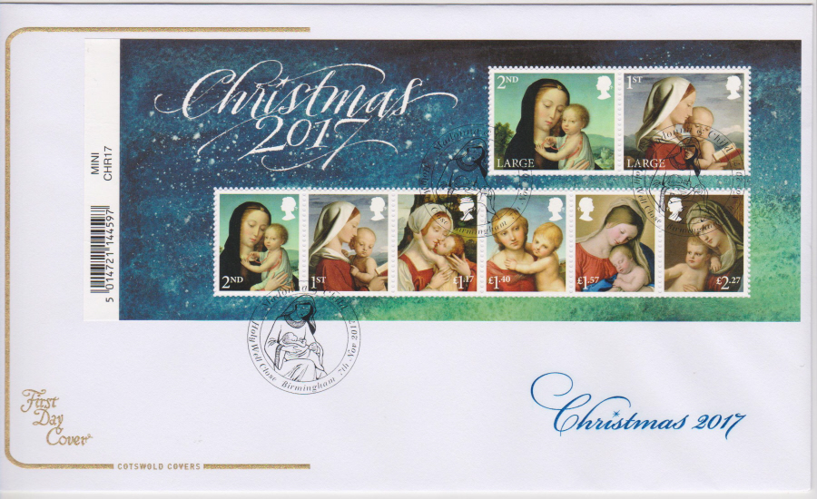 2017 Christmas FDC MINI SHEET - COTSWOLD- Holy Well Close, Birmingham (Madonna & Child) Postmark